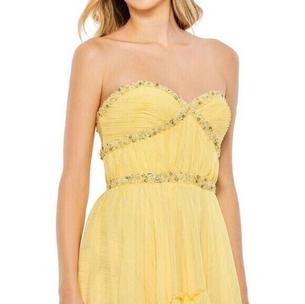 NWT! Mac Duggal, Strapless Beaded High Low Gown, Lemon, MSRP $498 - Picture 3 of 12